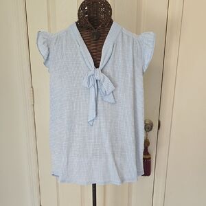 Gyft Elegant Sky Blue and White Blouse with Bow Accent